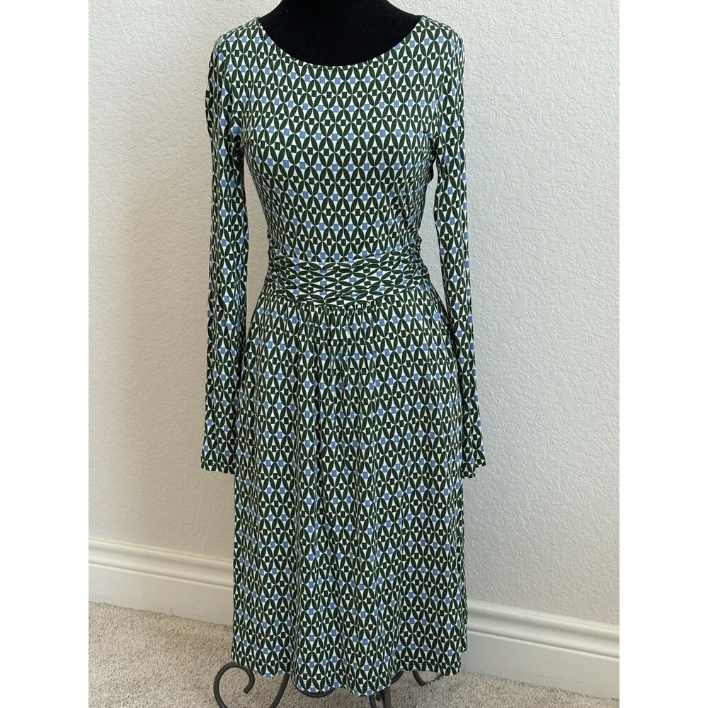 Boden Amelie Pine Diamond Trellis Print A-Line Ruched Waist‎ Jersey Dress Sz 4R